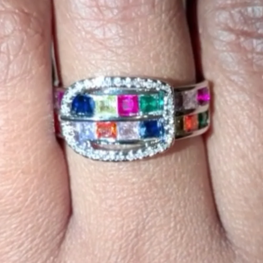 Ladies Multi Color Shimmering Gemstone Belt Buckle Design Bohemian Ring